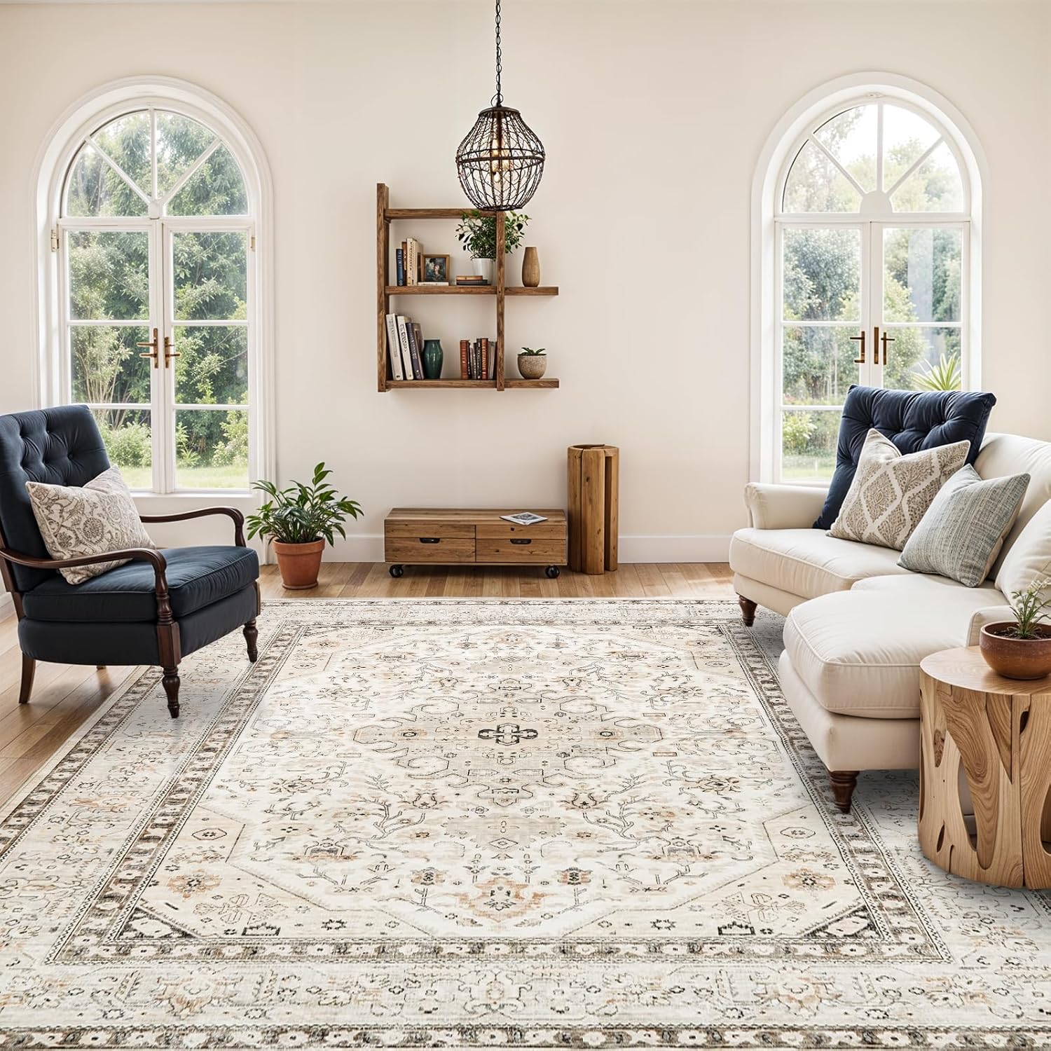 YOUFORTONG 4x5 Washable Entryway Area Rug, Non-Slip Oriental Farmhouse Low Pile Stain Resistant Thin Front Door Mat for Bathroom Kitchen,Ivory