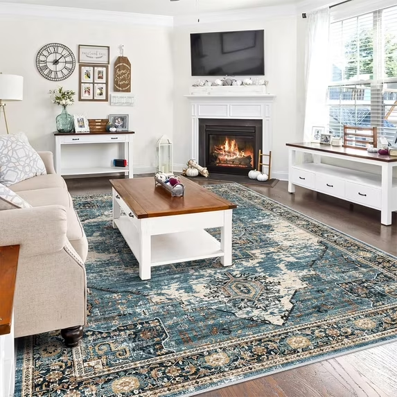 YOUFORTONG 12x12 Washable Area Rug,Extra Large Vintage Indoor Carpet with Non Slip Backing,Stain Resistant Soft Rug for Bedroom Dining Room Living Room Home Decor,Beige