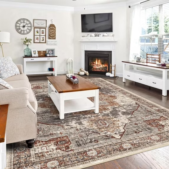 YOUFORTONG 12x12 Washable Area Rug,Extra Large Vintage Indoor Carpet with Non Slip Backing,Stain Resistant Soft Rug for Bedroom Dining Room Living Room Home Decor,Beige