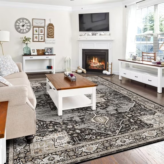 YOUFORTONG 12x12 Washable Area Rug,Extra Large Vintage Indoor Carpet with Non Slip Backing,Stain Resistant Soft Rug for Bedroom Dining Room Living Room Home Decor,Beige