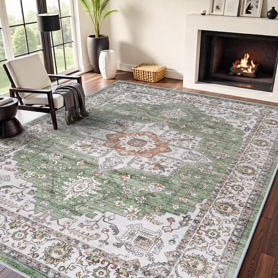 YOUFORTONG 12x12 Washable Area Rug,Extra Large Vintage Indoor Carpet with Non Slip Backing,Stain Resistant Soft Rug for Bedroom Dining Room Living Room Home Decor,Beige