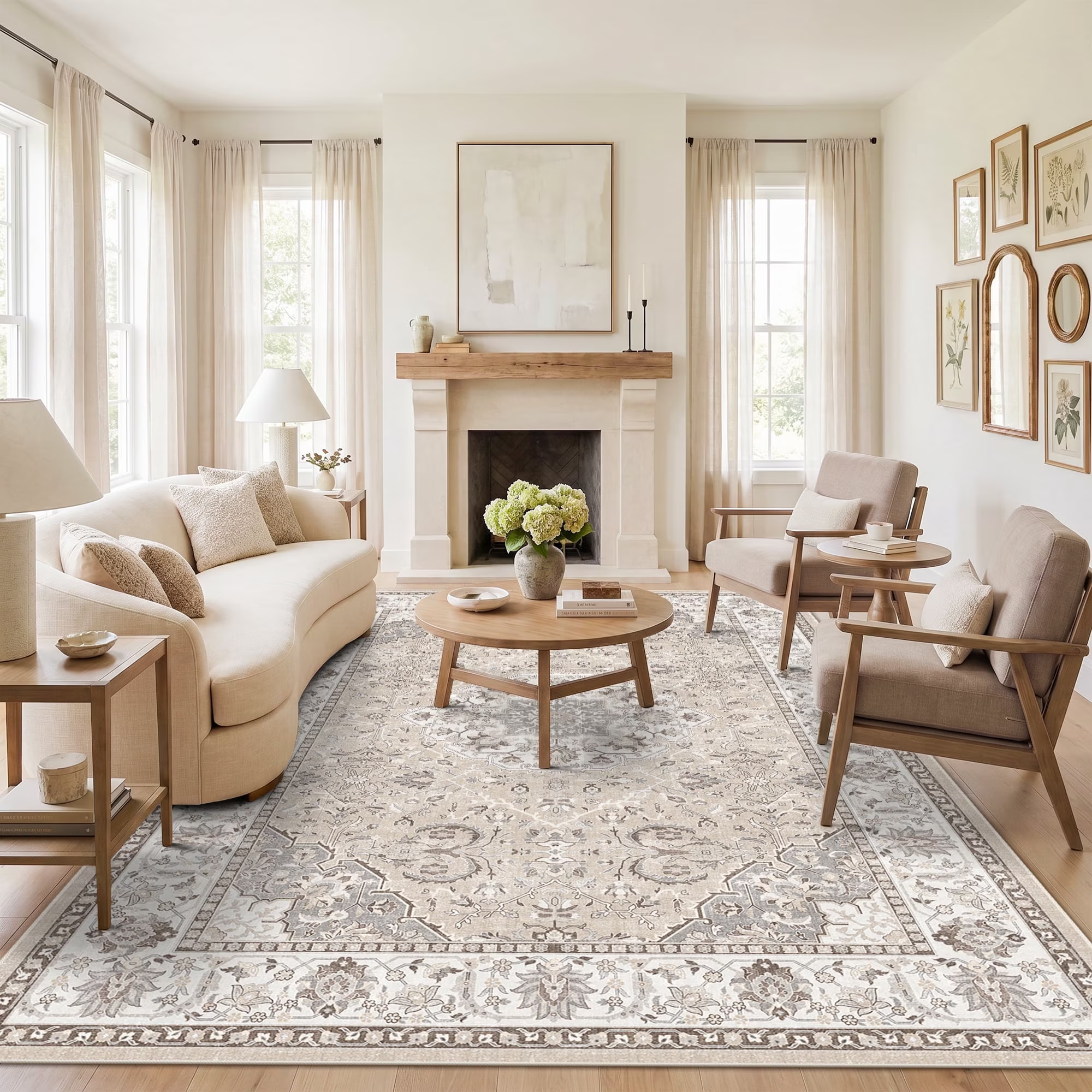 YOUFORTONG 4x6 Area Rug for Living Room, Vintage Farmhouse Washable Indoor Carpet, Non Slip Ultra Soft Low Pile Durable Neutral Rug for Bedroom Dining Room Nursery Kitchen,Beige