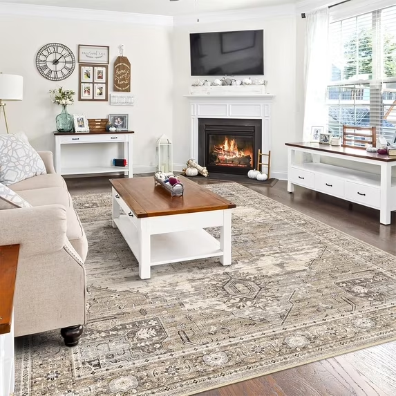 YOUFORTONG 12x12 Washable Area Rug,Extra Large Vintage Indoor Carpet with Non Slip Backing,Stain Resistant Soft Rug for Bedroom Dining Room Living Room Home Decor,Beige