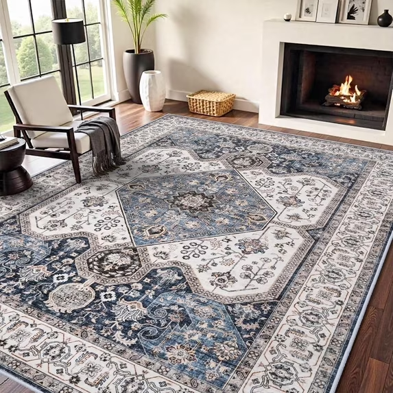 YOUFORTONG 12x12 Washable Area Rug,Extra Large Vintage Indoor Carpet with Non Slip Backing,Stain Resistant Soft Rug for Bedroom Dining Room Living Room Home Decor,Beige