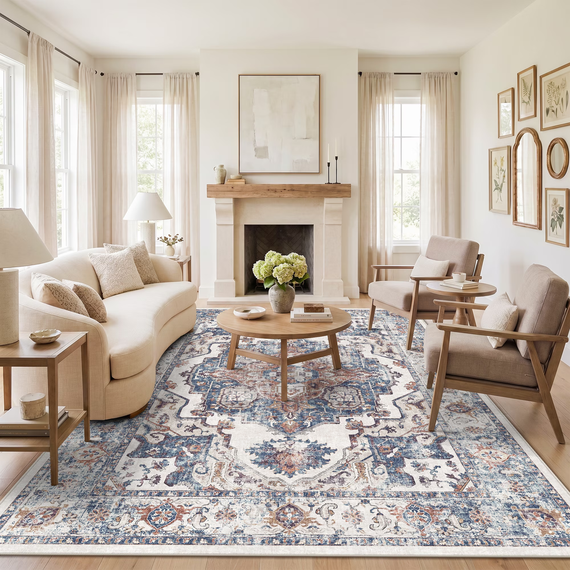 YOUFORTONG 4x6 Area Rug for Living Room, Vintage Farmhouse Washable Indoor Carpet, Non Slip Ultra Soft Low Pile Durable Neutral Rug for Bedroom Dining Room Nursery Kitchen,Beige