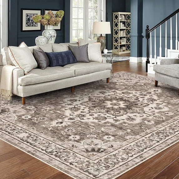 YOUFORTONG 5x7 Washable Vintage Boho Area Rug,Stain Resistant Non-Slip Soft Floral Carpet for Living Room Bedroom Farmhouse Office, Beige