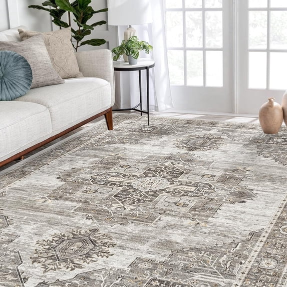 YOUFORTONG 12x12 Washable Area Rug,Extra Large Vintage Indoor Carpet with Non Slip Backing,Stain Resistant Soft Rug for Bedroom Dining Room Living Room Home Decor,Beige