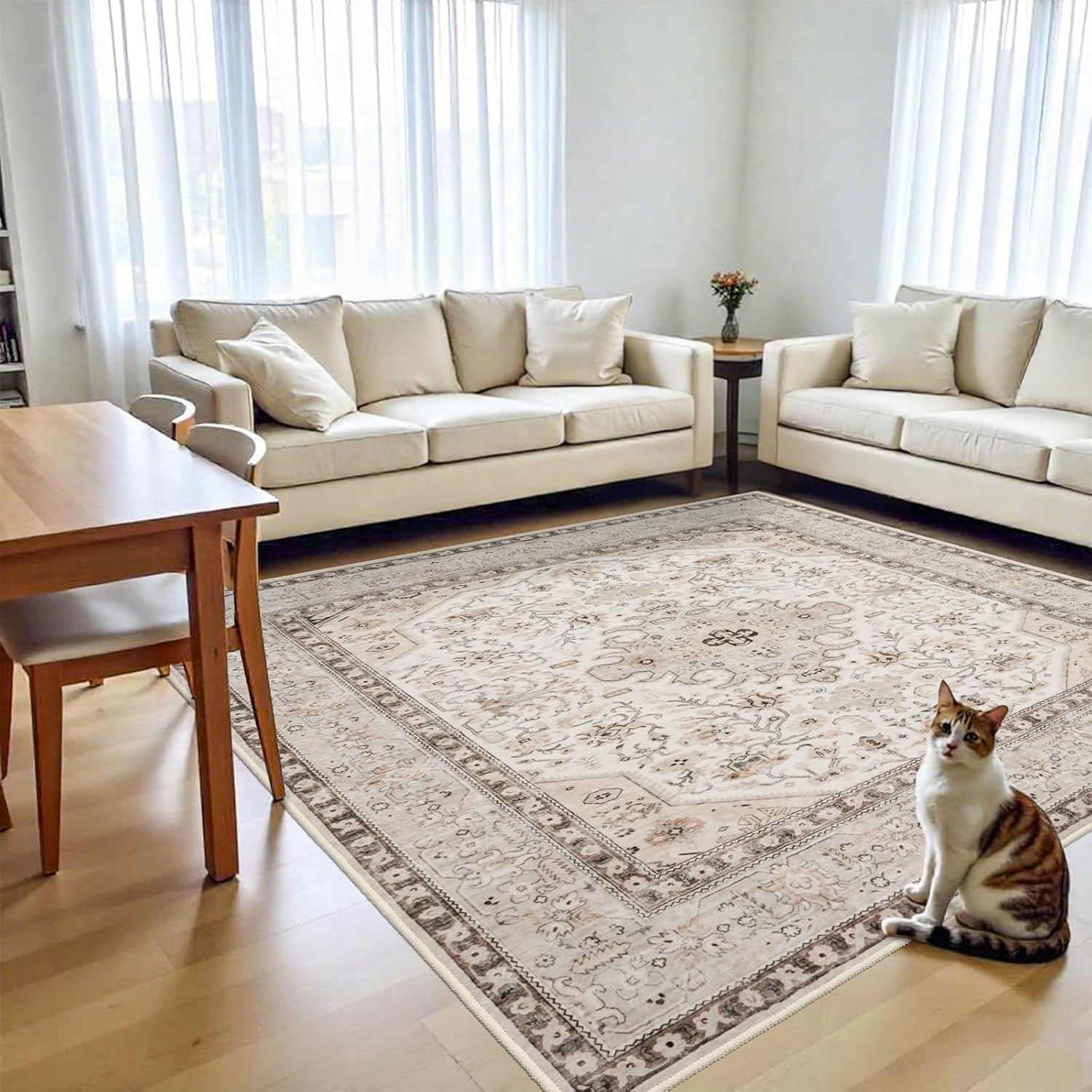 YOUFORTONG 4x5 Washable Entryway Area Rug, Non-Slip Oriental Farmhouse Low Pile Stain Resistant Thin Front Door Mat for Bathroom Kitchen,Ivory