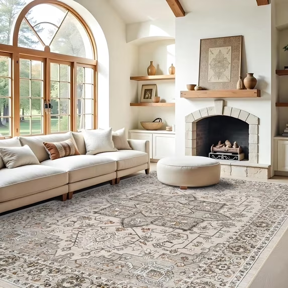 YOUFORTONG 12x12 Washable Area Rug,Extra Large Vintage Indoor Carpet with Non Slip Backing,Stain Resistant Soft Rug for Bedroom Dining Room Living Room Home Decor,Beige