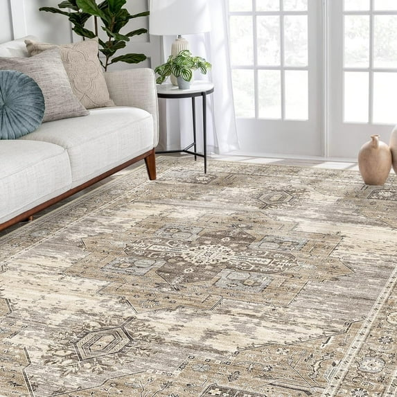 YOUFORTONG 12x12 Washable Area Rug,Extra Large Vintage Indoor Carpet with Non Slip Backing,Stain Resistant Soft Rug for Bedroom Dining Room Living Room Home Decor,Beige
