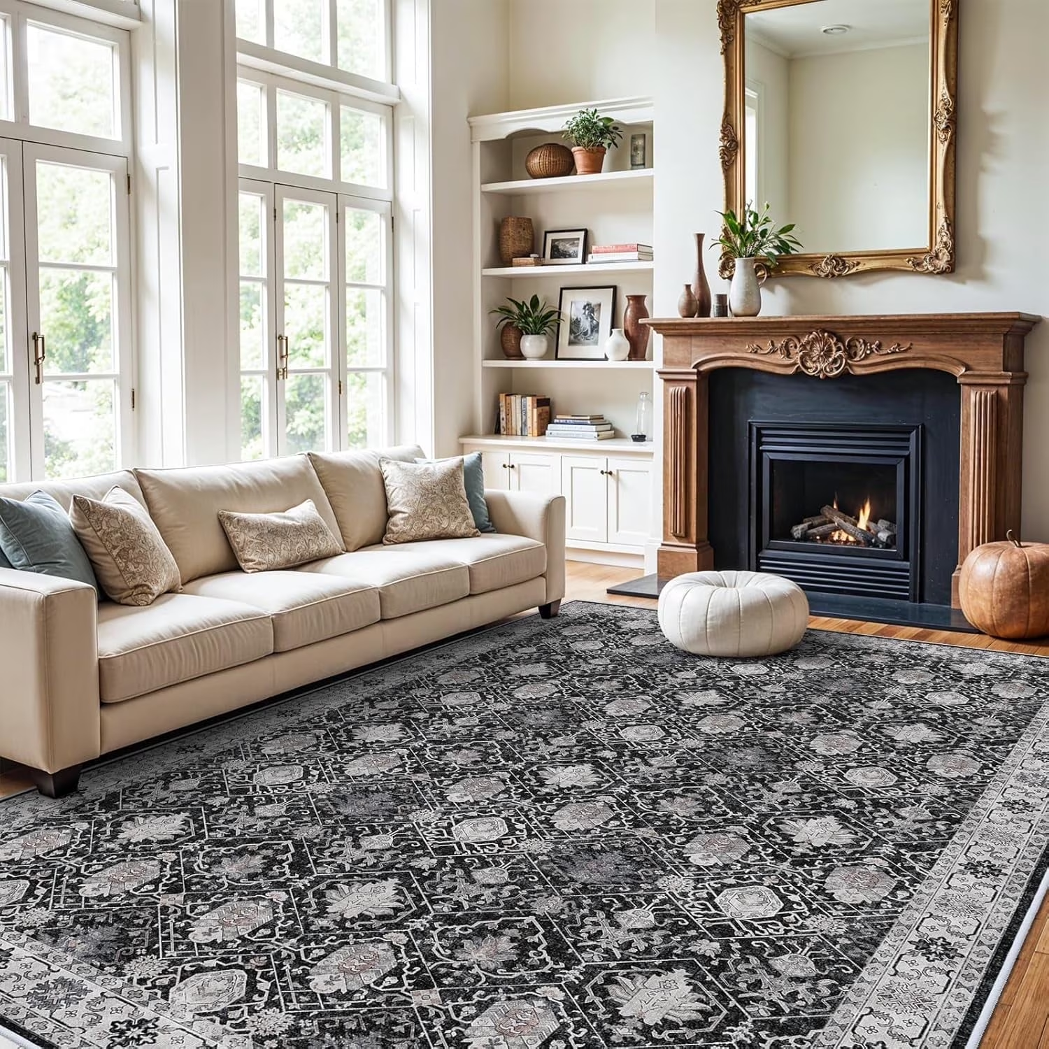 YOUFORTONG 4x6 Area Rug for Living Room, Vintage Farmhouse Washable Indoor Carpet, Non Slip Ultra Soft Low Pile Durable Neutral Rug for Bedroom Dining Room Nursery Kitchen,Beige