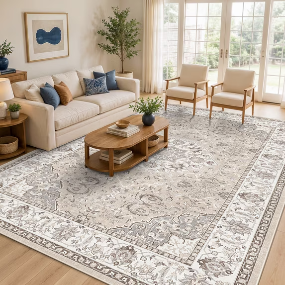 YOUFORTONG 4x6 Area Rug for Living Room, Vintage Farmhouse Washable Indoor Carpet, Non Slip Ultra Soft Low Pile Durable Neutral Rug for Bedroom Dining Room Nursery Kitchen,Beige