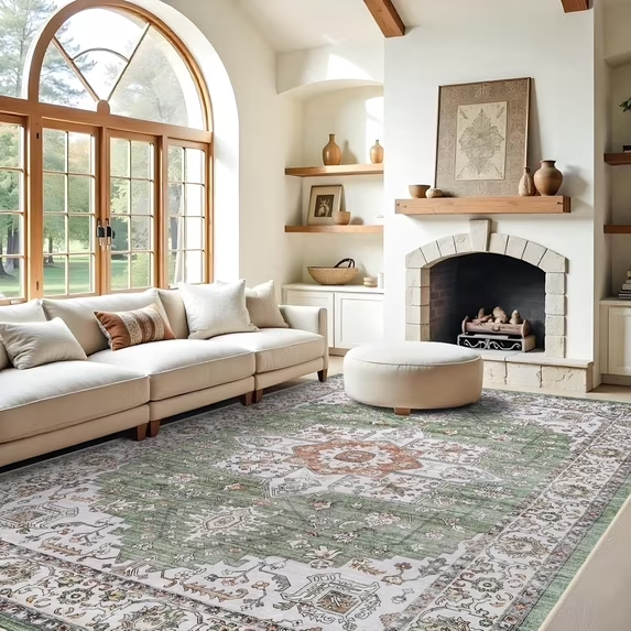 YOUFORTONG 12x12 Washable Area Rug,Extra Large Vintage Indoor Carpet with Non Slip Backing,Stain Resistant Soft Rug for Bedroom Dining Room Living Room Home Decor,Beige