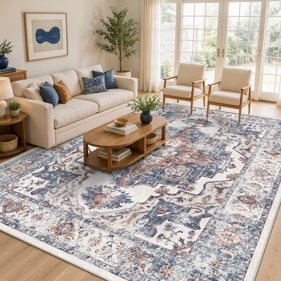 YOUFORTONG 4x6 Area Rug for Living Room, Vintage Farmhouse Washable Indoor Carpet, Non Slip Ultra Soft Low Pile Durable Neutral Rug for Bedroom Dining Room Nursery Kitchen,Beige