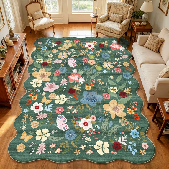 YOUFORTONG 2x6 Washable Runner Rug, Non Slip Floral Vintage Scalloped Low Pile Carpet, Stain Resistant Soft Thin Rug for Entryway Kitchen Laundry Bedroom Bathroom,Beige