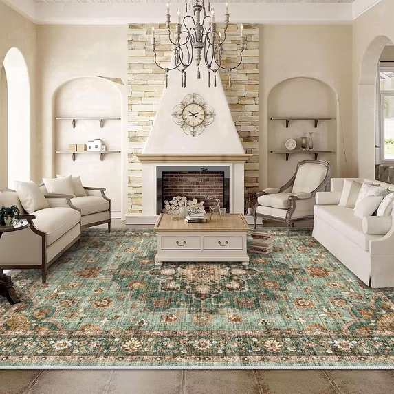 YOUFORTONG 5x7 Washable Vintage Boho Area Rug,Stain Resistant Non-Slip Soft Floral Carpet for Living Room Bedroom Farmhouse Office, Beige