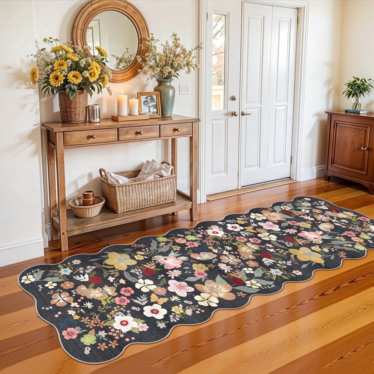 YOUFORTONG 2x6 Washable Runner Rug, Non Slip Floral Vintage Scalloped Low Pile Carpet, Stain Resistant Soft Thin Rug for Entryway Kitchen Laundry Bedroom Bathroom,Black