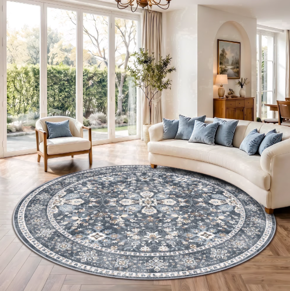 YOUFORTONG 6'x6' Round Area Rug, Low‑Pile Washable Soft Stain‑Resistant TPR Backed Floor Mat for Dining Room Entryway Bedroom, Blue